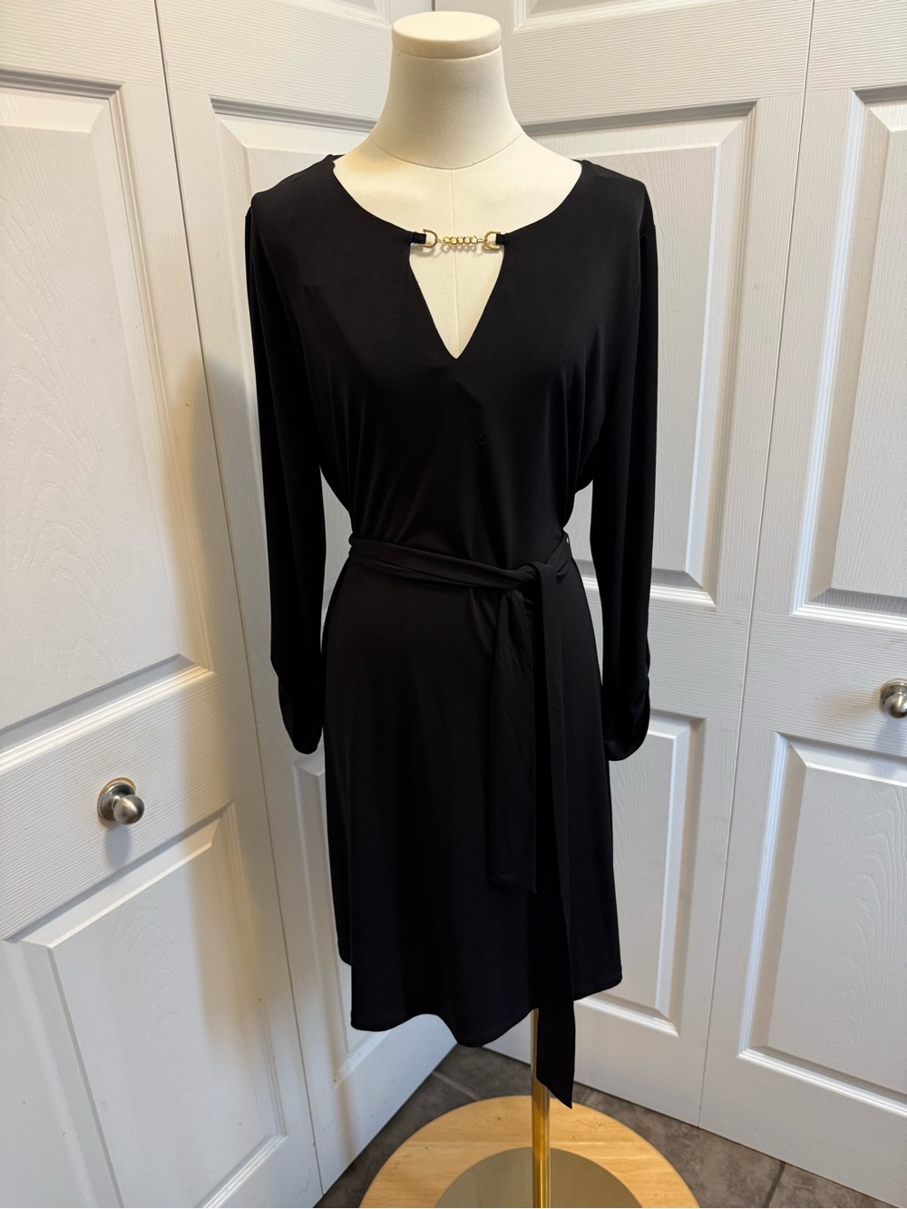 Michael Kors Black Long-Sleeve Dress with Gold Accent and Waist Tie - Picture 2 of 11